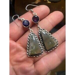 Green Moss Agate and Amethyst 925 Silver Boho dangle  Earrings